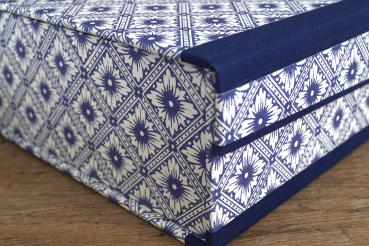 Spelling box with blue linen edges